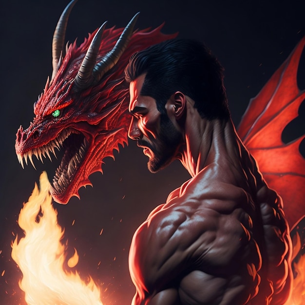 Foto um homem forte contra um dragão vermelho criado com inteligência artificial.