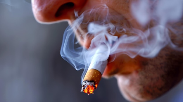 um homem fumando um cigarro com fumaça saindo de sua boca