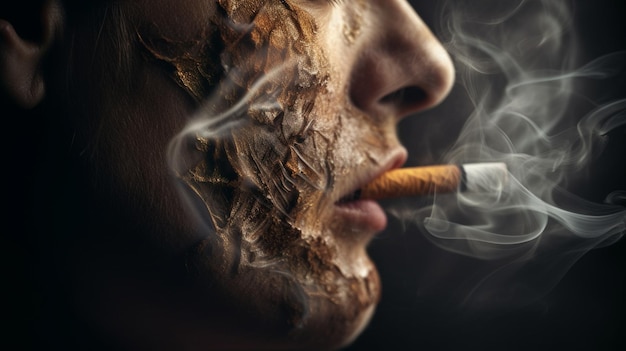 Um homem fumando um cigarro com fumaça saindo dele.