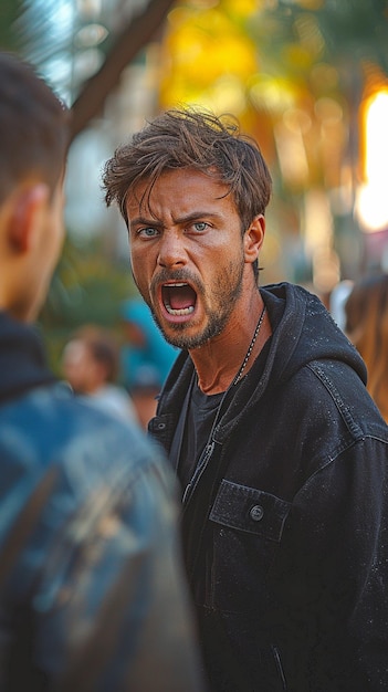 Um homem furioso está gritando combativo agarrando o jovem pela camisa e ameaçando-o