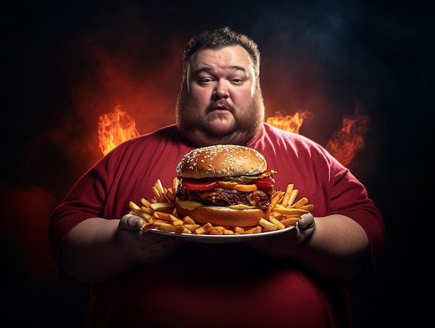 Um homem gordo come junkfood AI Generative