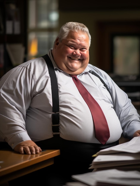 Foto um homem gordo sentado em uma mesa