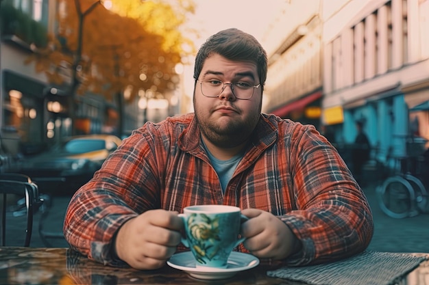 Foto um homem gordo tomando café em um bar na rua no inverno