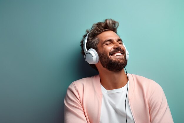 Foto um homem gosta de ouvir música usando fones de ouvido em um fundo colorido