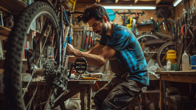 Um homem habilidoso repara apaixonadamente uma bicicleta antiga em sua oficina de garagem bem equipada, dando nova vida ao passeio clássico