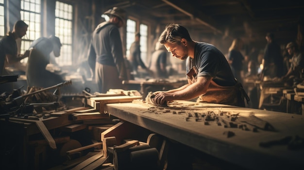 Um homem habilidoso trabalha meticulosamente em um pedaço de madeira em uma oficina vibrante