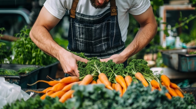 Um homem habilmente corta cenouras frescas em uma movimentada barraca de legumes