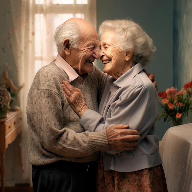 Um homem idoso abraça uma mulher idosa