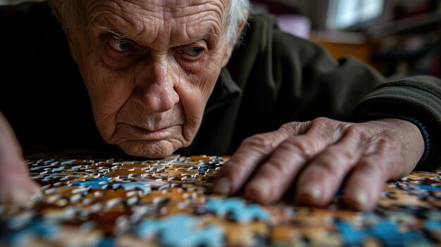 Foto um homem idoso com autismo com o rosto gravado com concentração enquanto trabalha em um quebra-cabeça