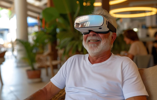 um homem idoso com barba usando óculos de realidade virtual sorrindo senta-se em uma mesa em um café