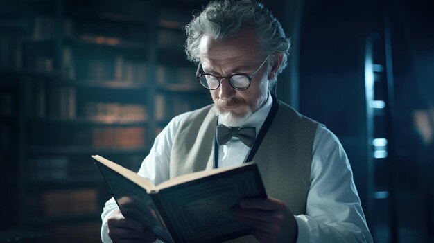 Foto um homem idoso com óculos de barba e uma gravata lendo um livro em uma biblioteca