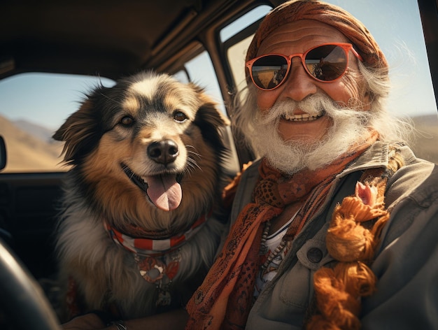 Um homem idoso com um cão viajando de carro ao redor do mundo gerado por IA