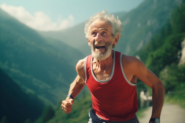 Um homem idoso corre uma maratona avô correndo no parque esportes para idosos IA gerar