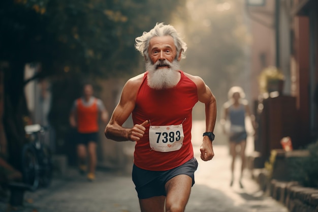 Um homem idoso corre uma maratona avô correndo no parque esportes para idosos IA gerar