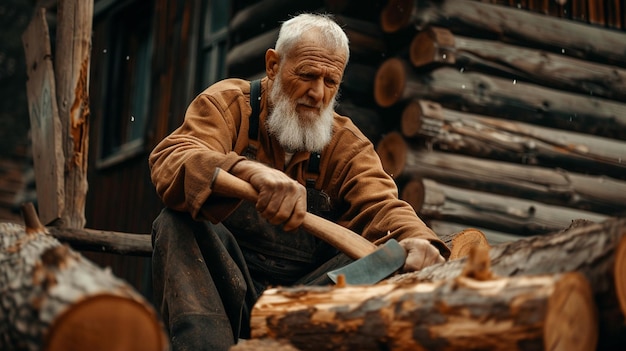 um homem idoso corta madeira para aquecer a casa