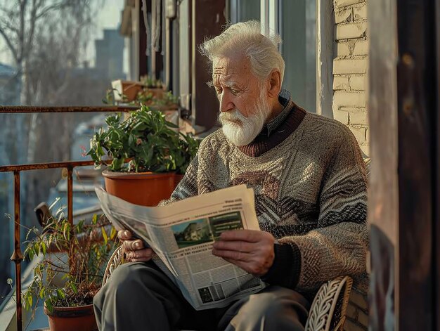 Um homem idoso de camisola lê o jornal sentado na varanda de sua casa