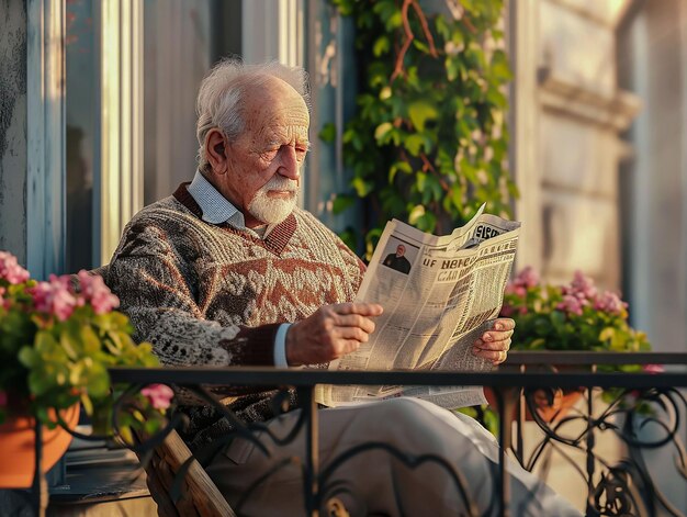 Um homem idoso de camisola lê o jornal sentado na varanda de sua casa