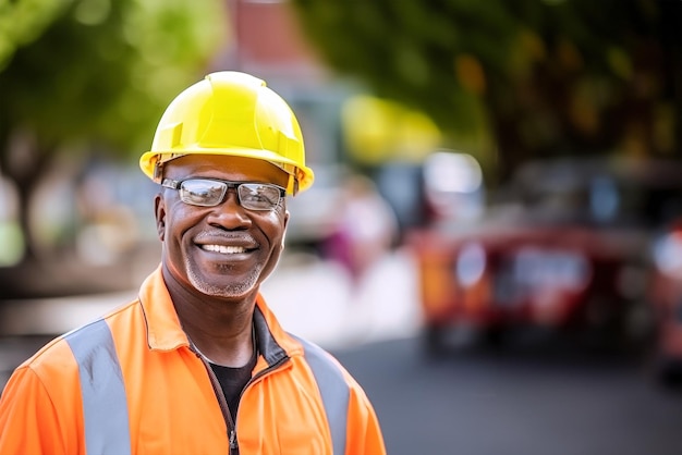 Um homem idoso de pele escura usando um chapéu duro e óculos de pé com confiança em um cenário de construção