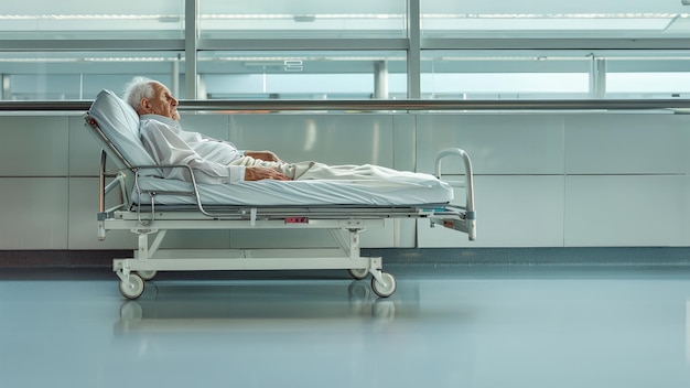 Um homem idoso deitado calmamente em uma cama de hospital em uma sala serena cercado por equipamentos médicos perdido em seus pensamentos