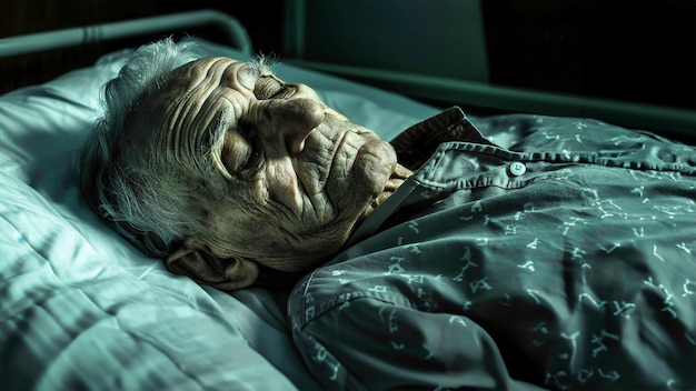 Um homem idoso descansa em paz em uma cama de hospital, cercado de cuidadores e equipamentos médicos