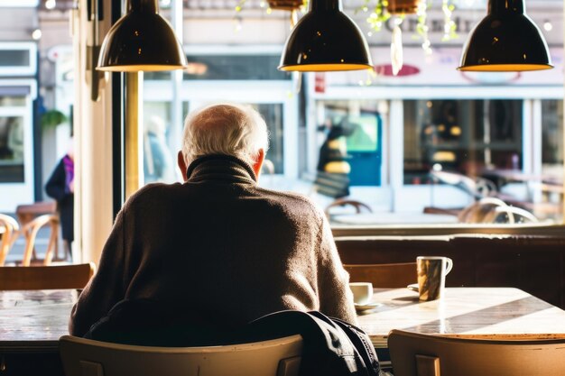 Um homem idoso e solitário num café.