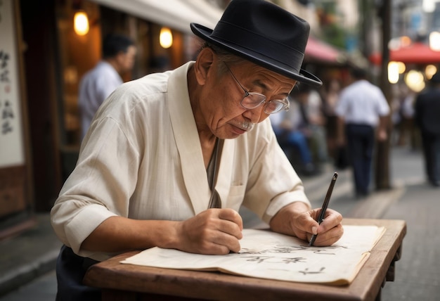 Foto um homem idoso em um chapéu esboços atentamente em um mercado de rua sua paixão artística evidente em um