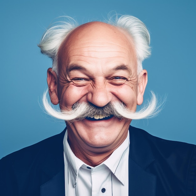 Um homem idoso engraçado com um longo bigode e um casaco azul está sorrindo