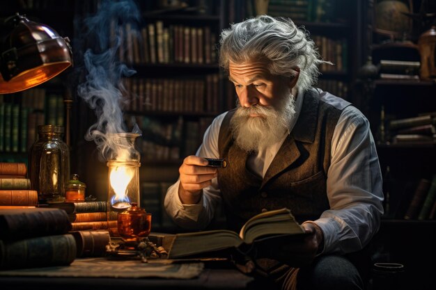 Foto um homem idoso está lendo um livro na biblioteca