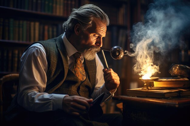 Foto um homem idoso está lendo um livro na biblioteca