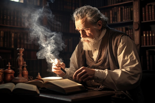 Foto um homem idoso está lendo um livro na biblioteca