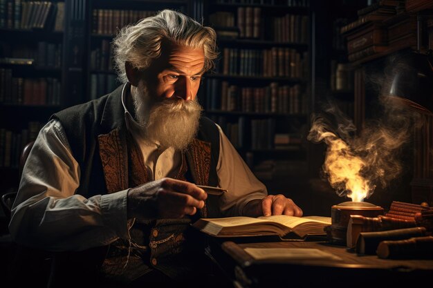 Foto um homem idoso está lendo um livro na biblioteca