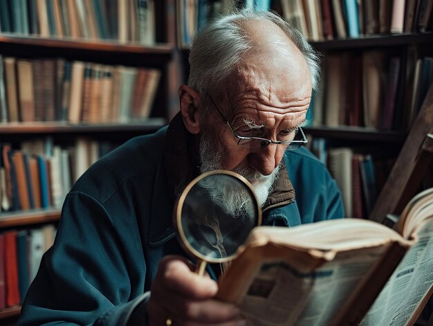 Um homem idoso na biblioteca olha para o jornal com uma lupa