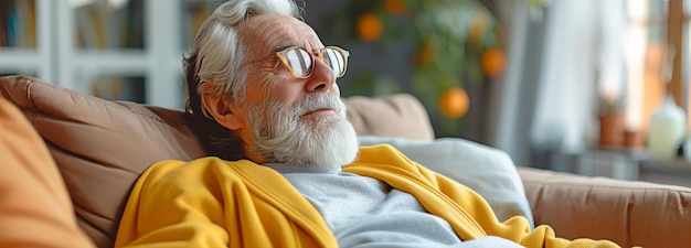Um homem idoso otimista e otimista sentado em um sofá é visto do perfil lateral