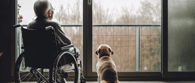 Um homem idoso senta-se em uma cadeira de rodas ao lado de seu cachorro e olha pela janela Generative AI