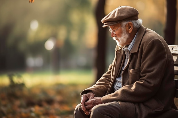 Um homem idoso sentado rodeado de folhas laranja Homem triste e melancólico passa tempo sozinho Conceito de pessoas