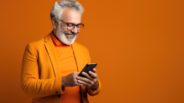 Um homem idoso sorrindo e rindo com seu telefone contra um fundo colorido.