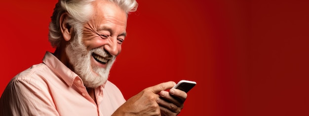 Um homem idoso sorrindo e rindo com seu telefone contra um fundo colorido.