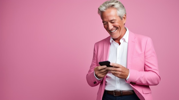 Foto um homem idoso sorrindo e rindo com seu telefone contra um fundo colorido