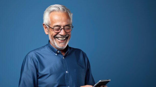 Um homem idoso sorrindo e rindo com seu telefone contra um fundo colorido