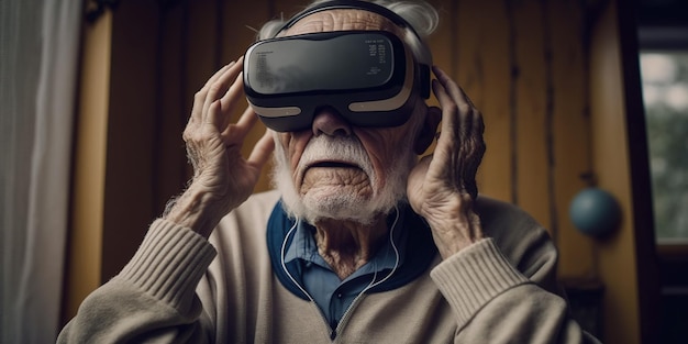 Um homem idoso usando um fone de ouvido de realidade virtual.