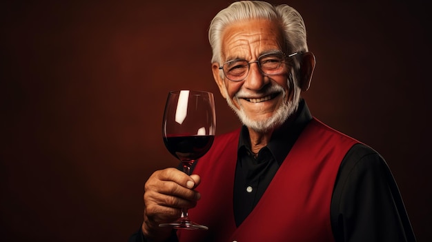 um homem idoso vestido com roupas vermelhas com uma taça de vinho na mão