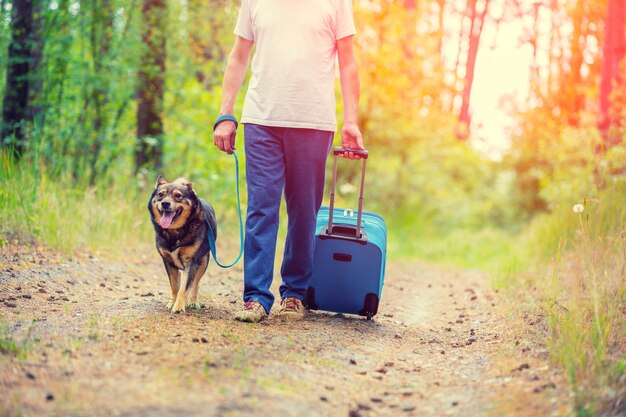 Um homem indo com um cachorro na coleira em uma floresta no verão Homem segurando bolsa de viagem