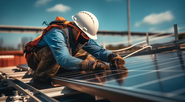 Um homem instalando painéis solares em um telhado