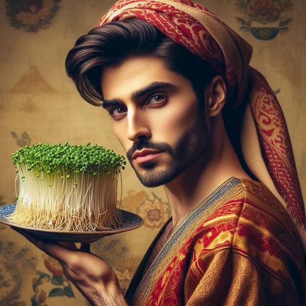 Um homem iraniano com sementes de brotos verdes cultivados em um prato símbolo da mesa Haftsin em Nowruz