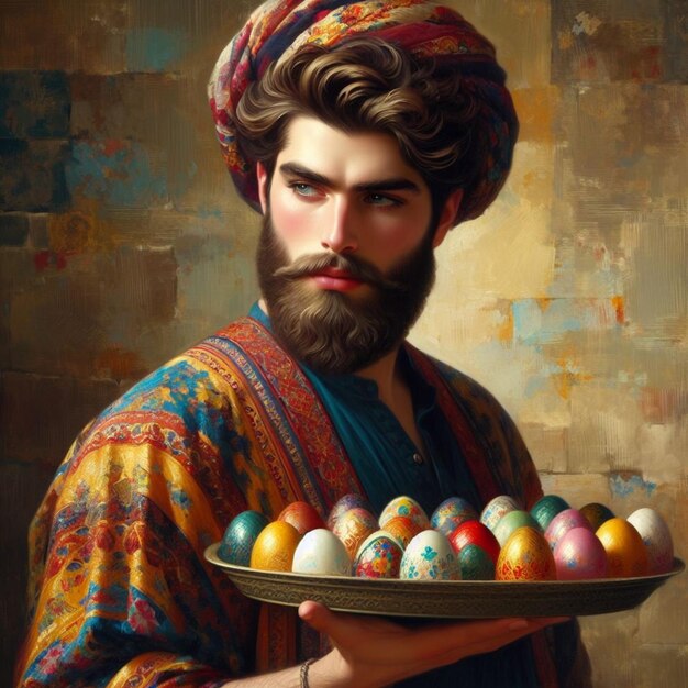 Foto um homem iraniano com um recipiente cheio de ovos coloridos usados nas cerimônias de nowruz