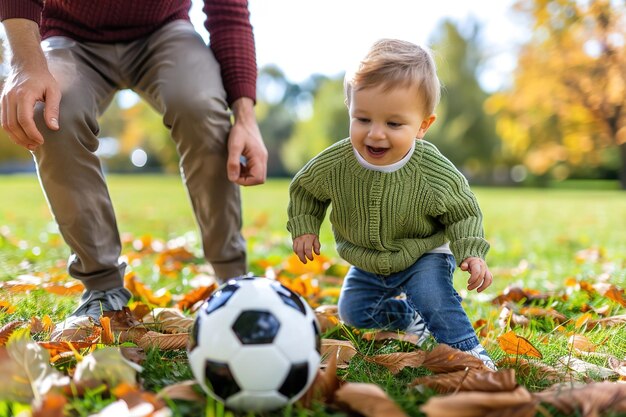 Um homem irreconhecível joga futebol com o filho.