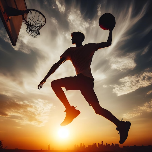 Foto um homem jogando basquete está pulando no ar com o sol atrás dele