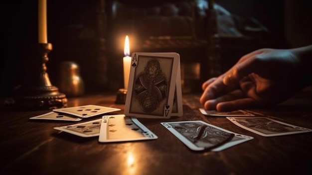 Um homem jogando cartas com uma vela atrás