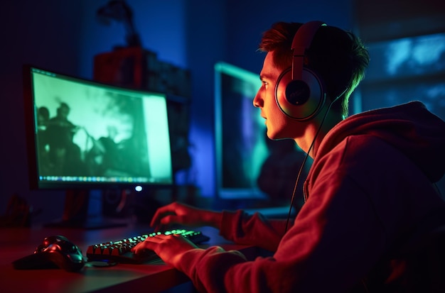 Um homem jogando videogame com um teclado de jogo em um quarto escuro.