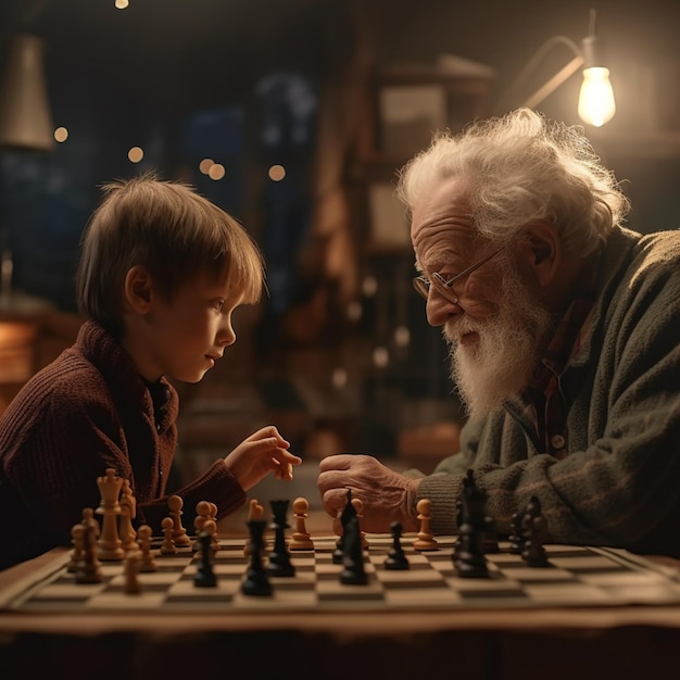 Um homem jogando xadrez com um menino jogando xadrez.
